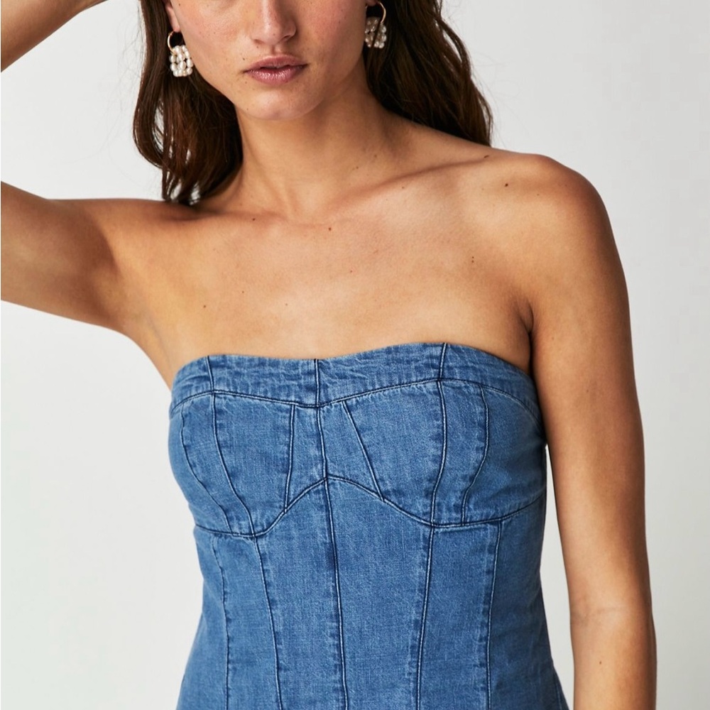 Free People Better Days Denim Blue Strapless Top